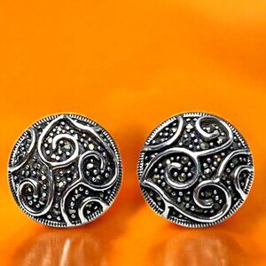 Vintage .925 Sterling Silver Marcasite‎ Round Dome Thai Earrings